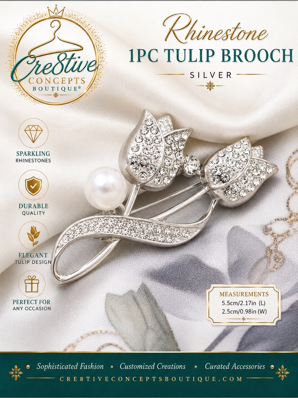 Rhinestone, One Tulip Brooch – Silver Crystal Floral Pin
